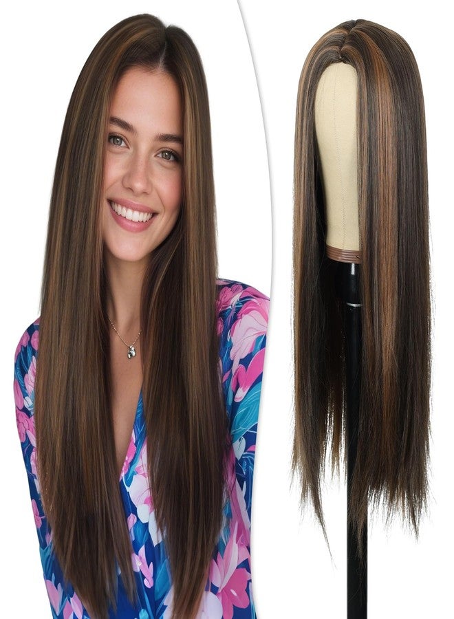 PHOCAS Long Brown Wig 23" Long Straight Brunette Wigs for Women Synthetic Chocolate Dark Brown Wigs with Highlight for Women Daily Party - Image 1